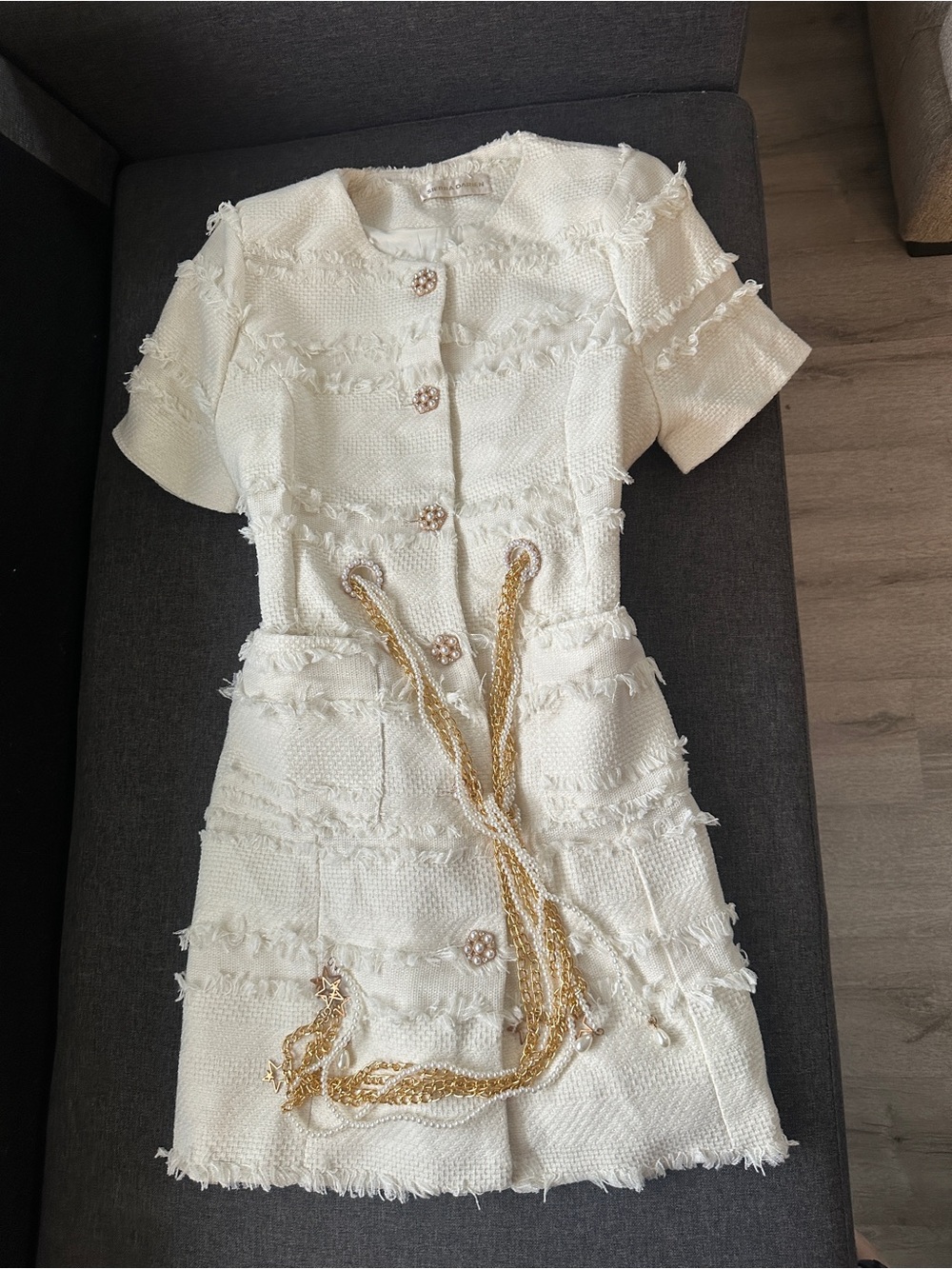 Cream Tweed Short-Sleeve Dress with Gold Chain Belt